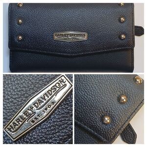 Harley-Davidson Womens Wallet Black Ombre Leather Clutch Tri-fold RFDI Studded